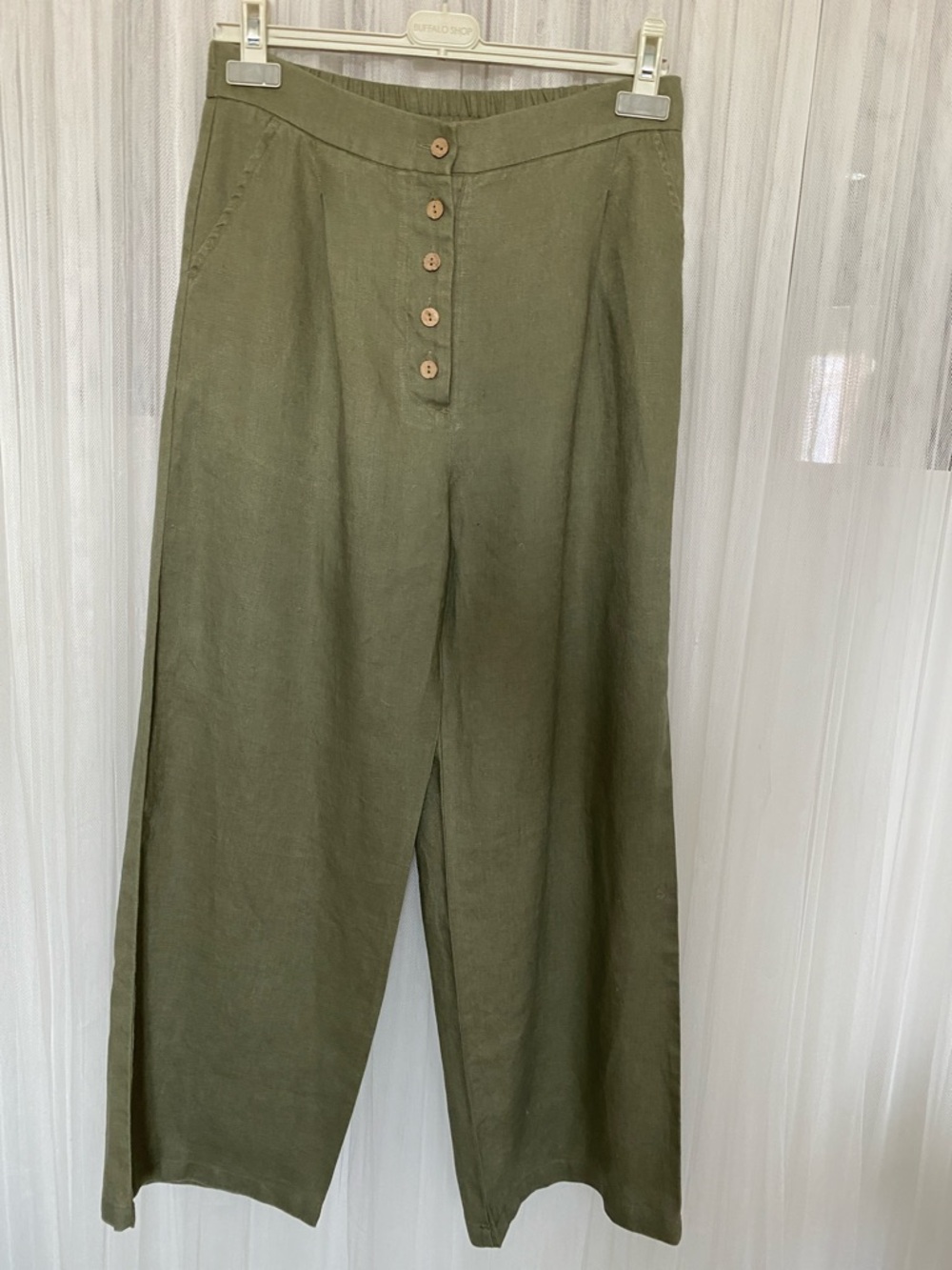 Lagenlook Grae Cove Olive Green Wide Leg Button-Front Linen Pants Size M